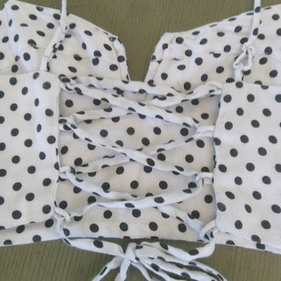 URBAN OUTFITTERS | Black + White Polka Dot Sweetheart Lace Up Crop Top Retro XS - Picture 6 of 12